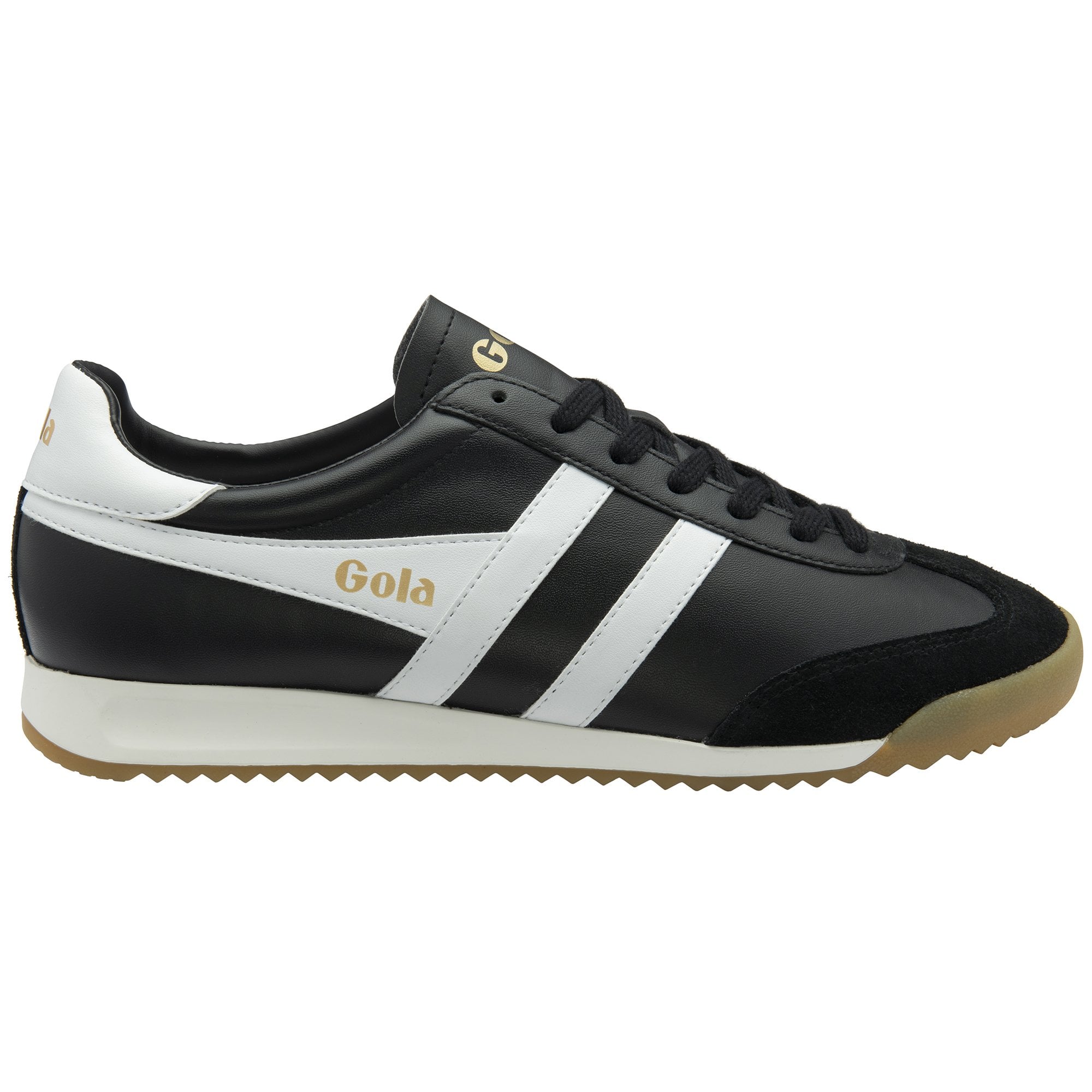 A black Gola men's sneaker with white stripes on the side and a gum sole.