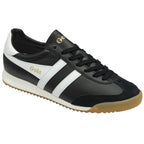 A black Gola men's sneaker with white stripes and a gold logo on the tongue.