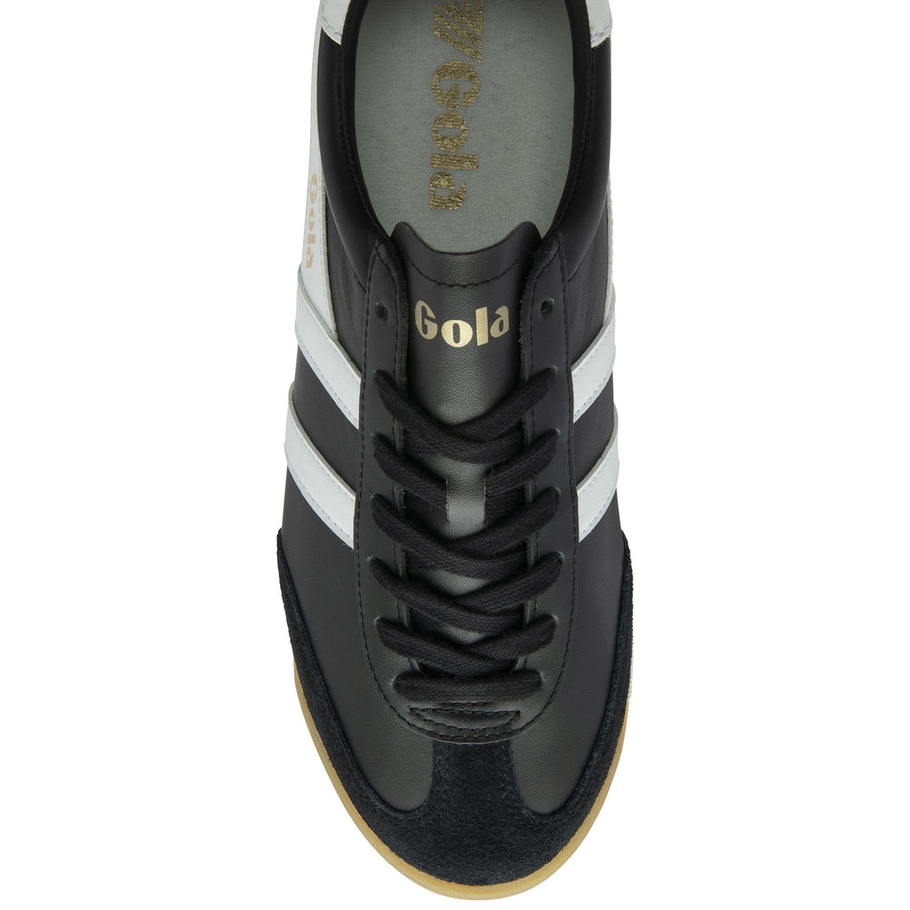 Top-down view of a black Gola men's sneaker with white stripes and black laces.