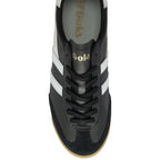 Top-down view of a black Gola men's sneaker with white stripes and black laces.
