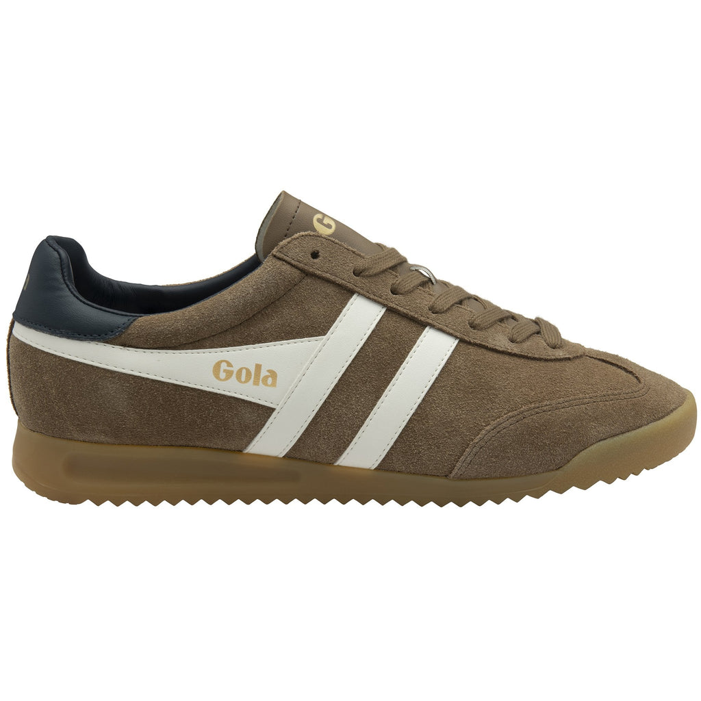 Side profile of a Gola men's sneaker in brown with white stripes and a dark blue heel.