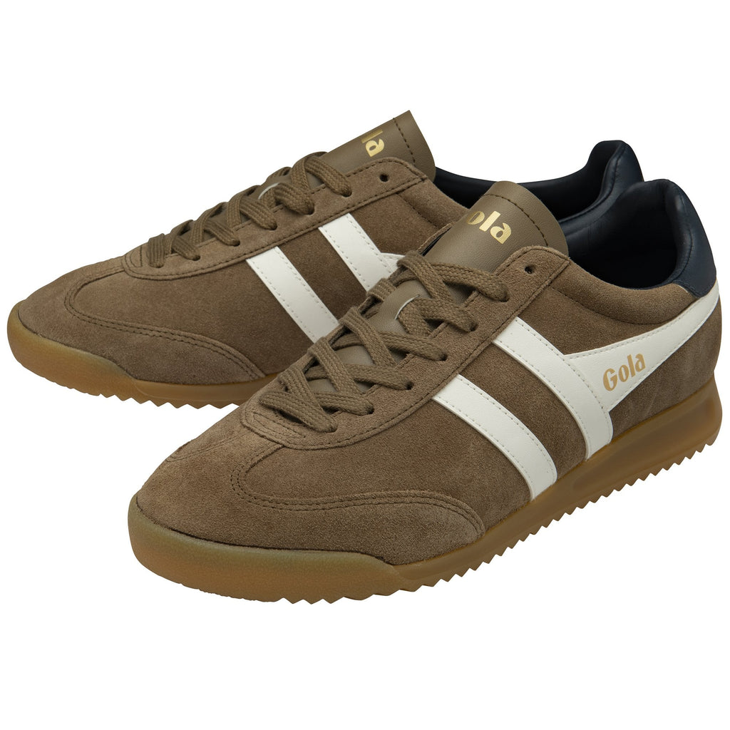 Pair of Gola men's sneakers in brown with white stripes and dark blue heels.
