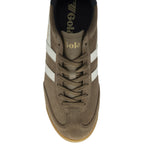 Top-down view of a Gola men's sneaker in brown with white stripes.