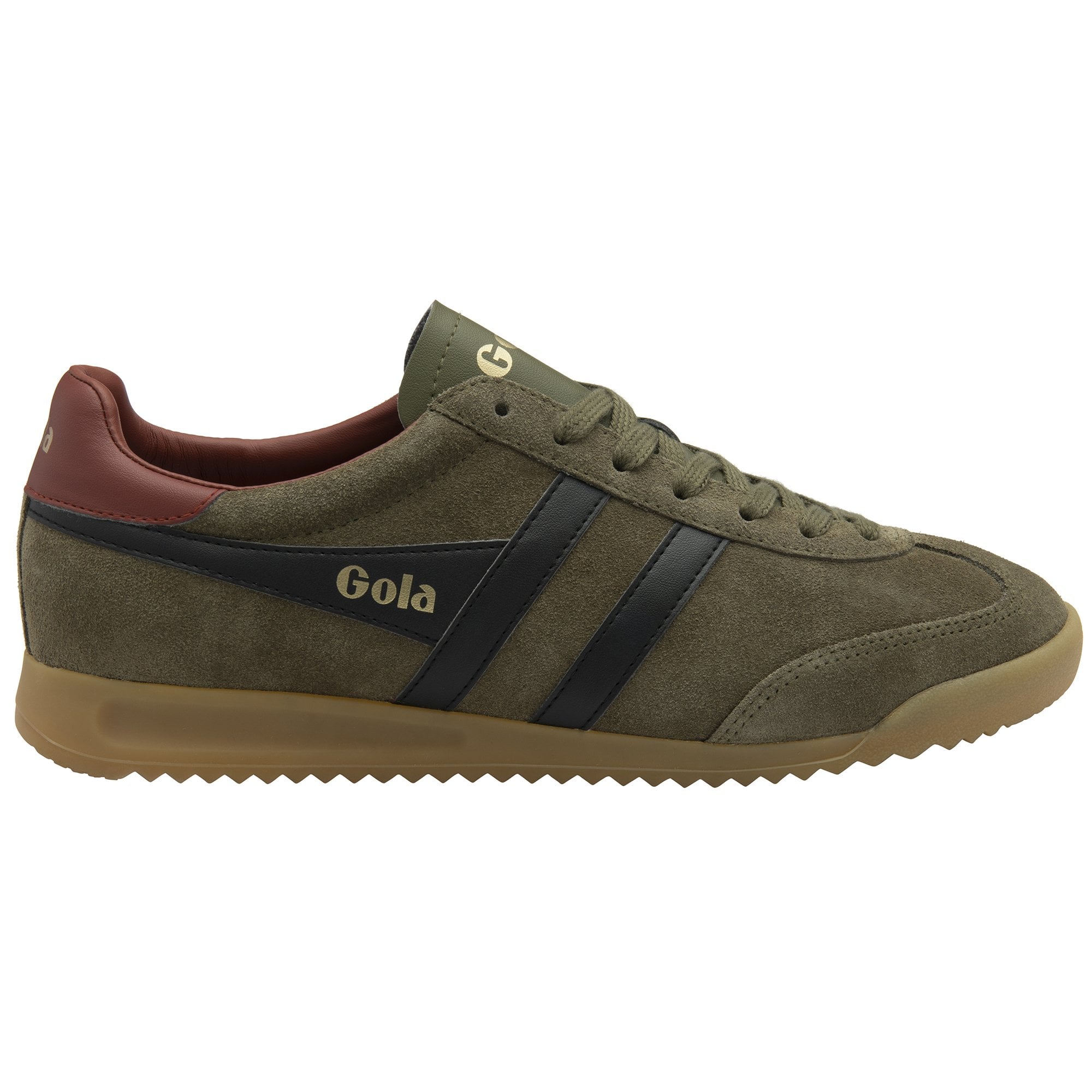 Side profile of a Gola men's shoe in olive green with dark blue stripes and a brown heel.