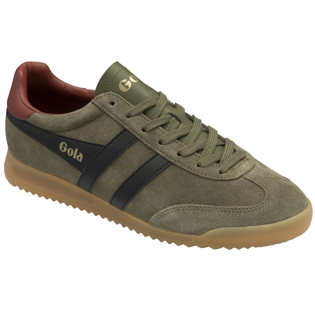 Angled view of a Gola men's shoe in olive green with dark blue stripes and a brown heel.