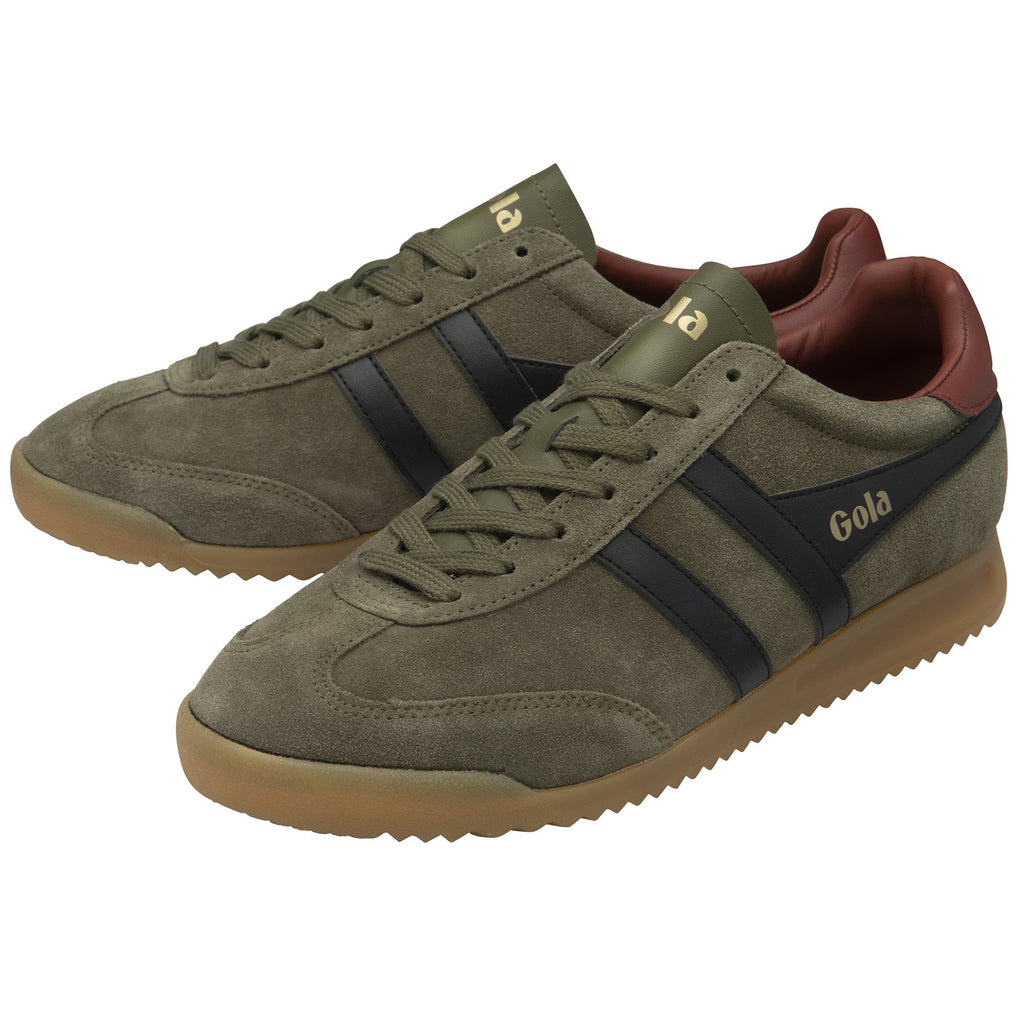 Pair of Gola men's shoes in olive green with dark blue stripes and brown heels.
