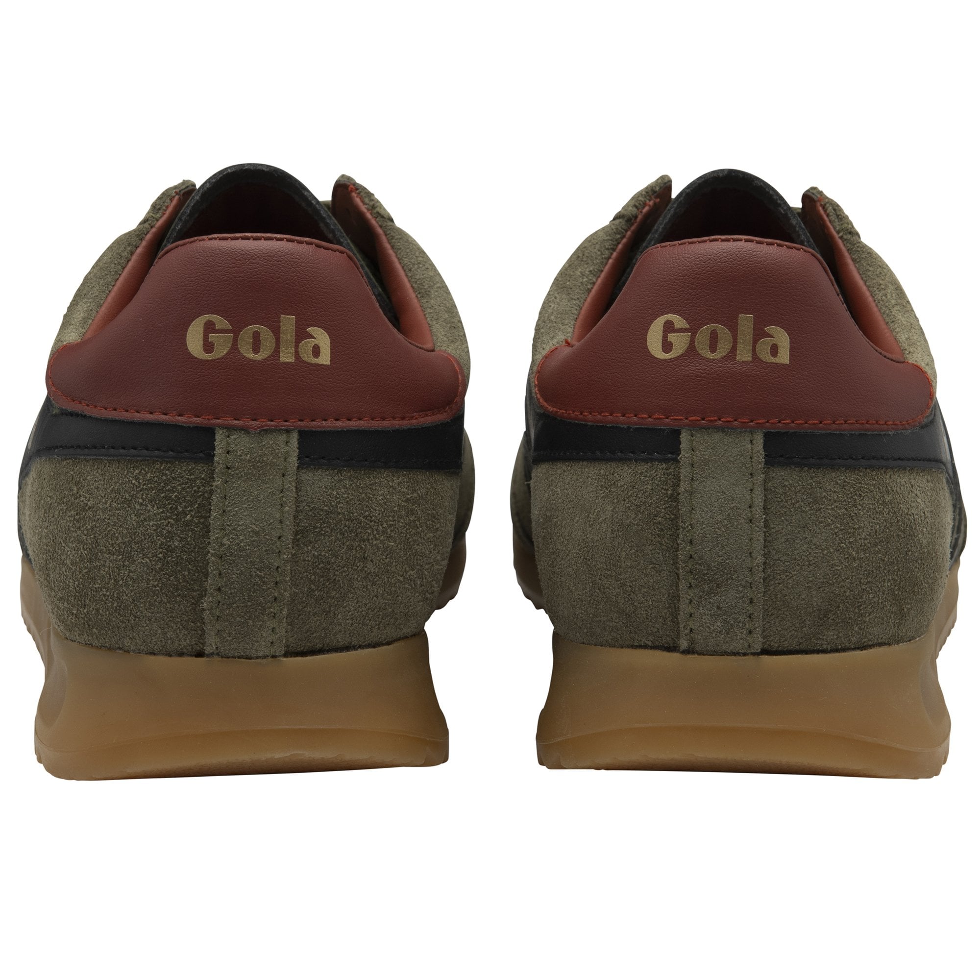 Rear view of a pair of Gola men's shoes in olive green with dark blue stripes.