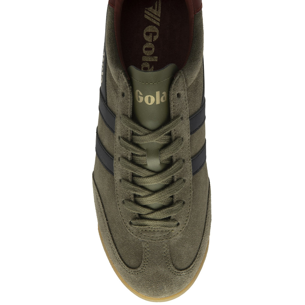 Top down view of a Gola men's shoe in olive green with dark blue stripes.
