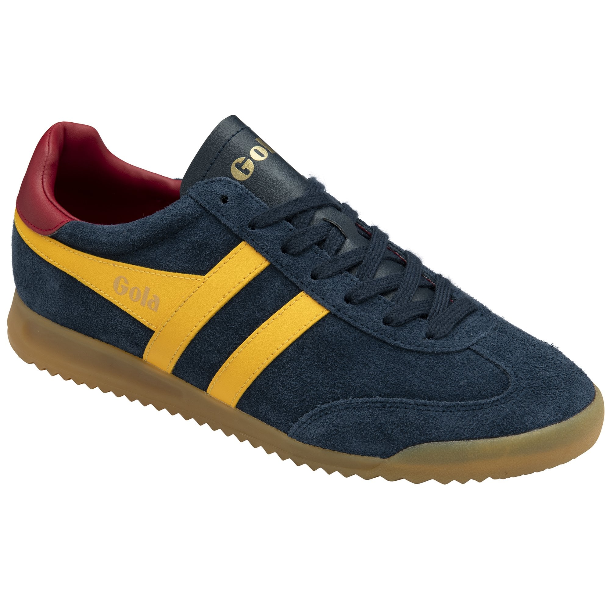 Three-quarter view of a Gola men's shoe, in dark blue with yellow stripes and a red heel tab.