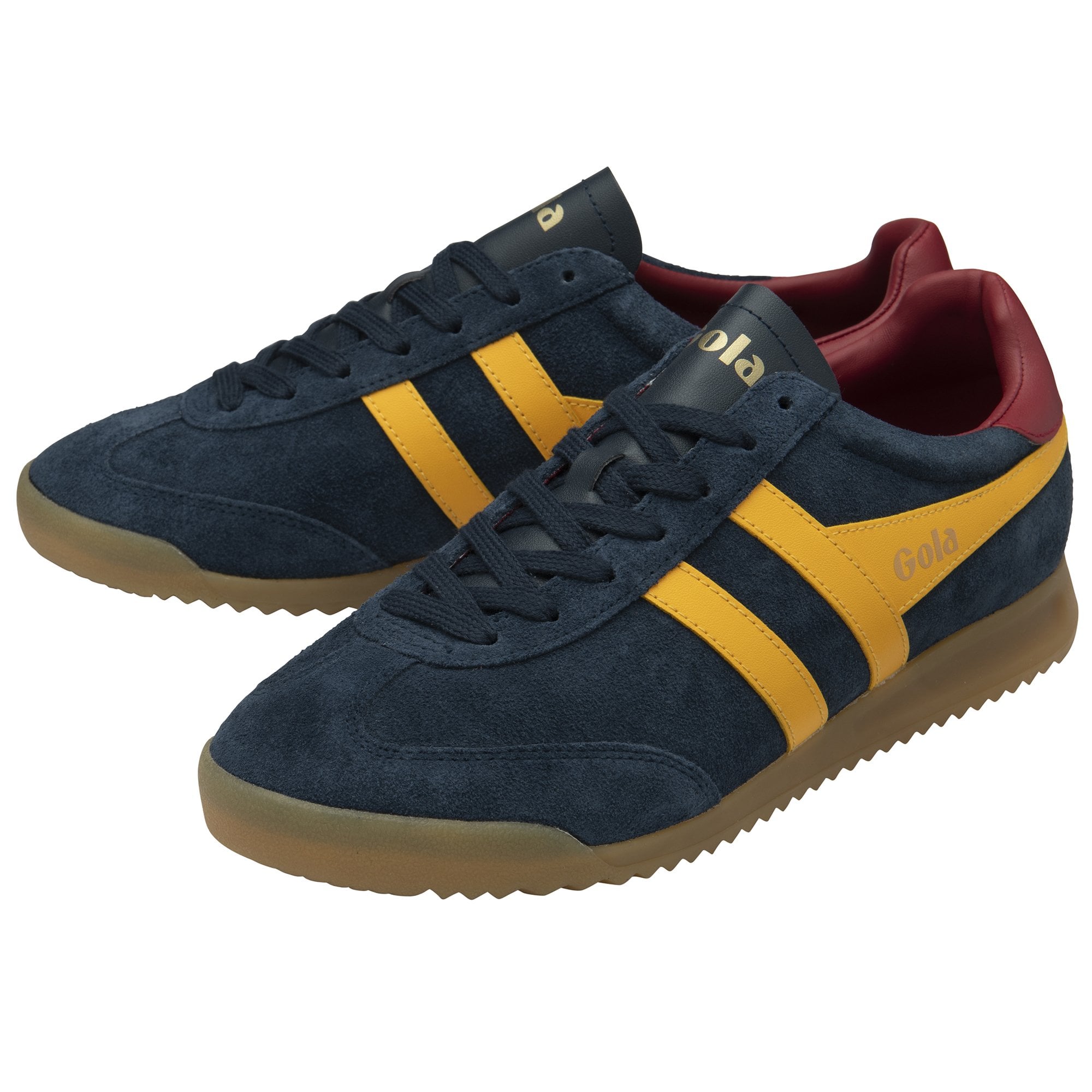 Pair of Gola men's shoes, in dark blue with yellow stripes and red heel tabs.