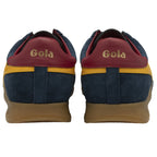 Back view of a pair of Gola men's shoes, in dark blue with yellow stripes and red heel tabs.