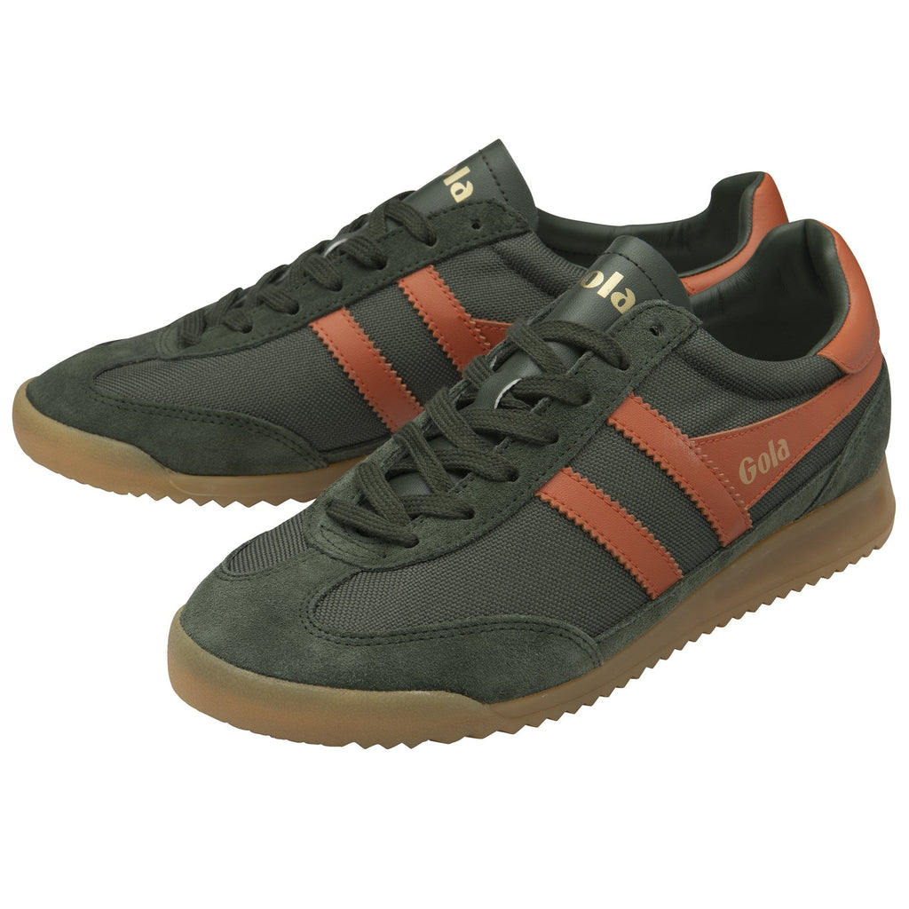 A pair of Gola men's Harrier trainers in dark green with brown stripes and heels, on a white background.