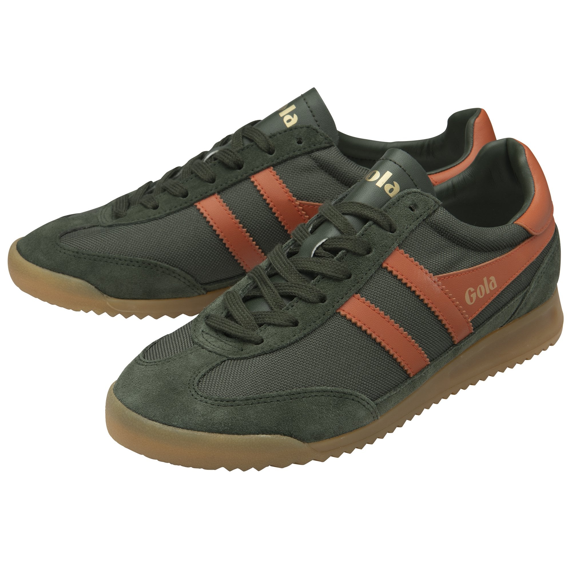 A pair of Gola men's Harrier trainers in dark green with brown stripes and heels, on a white background.