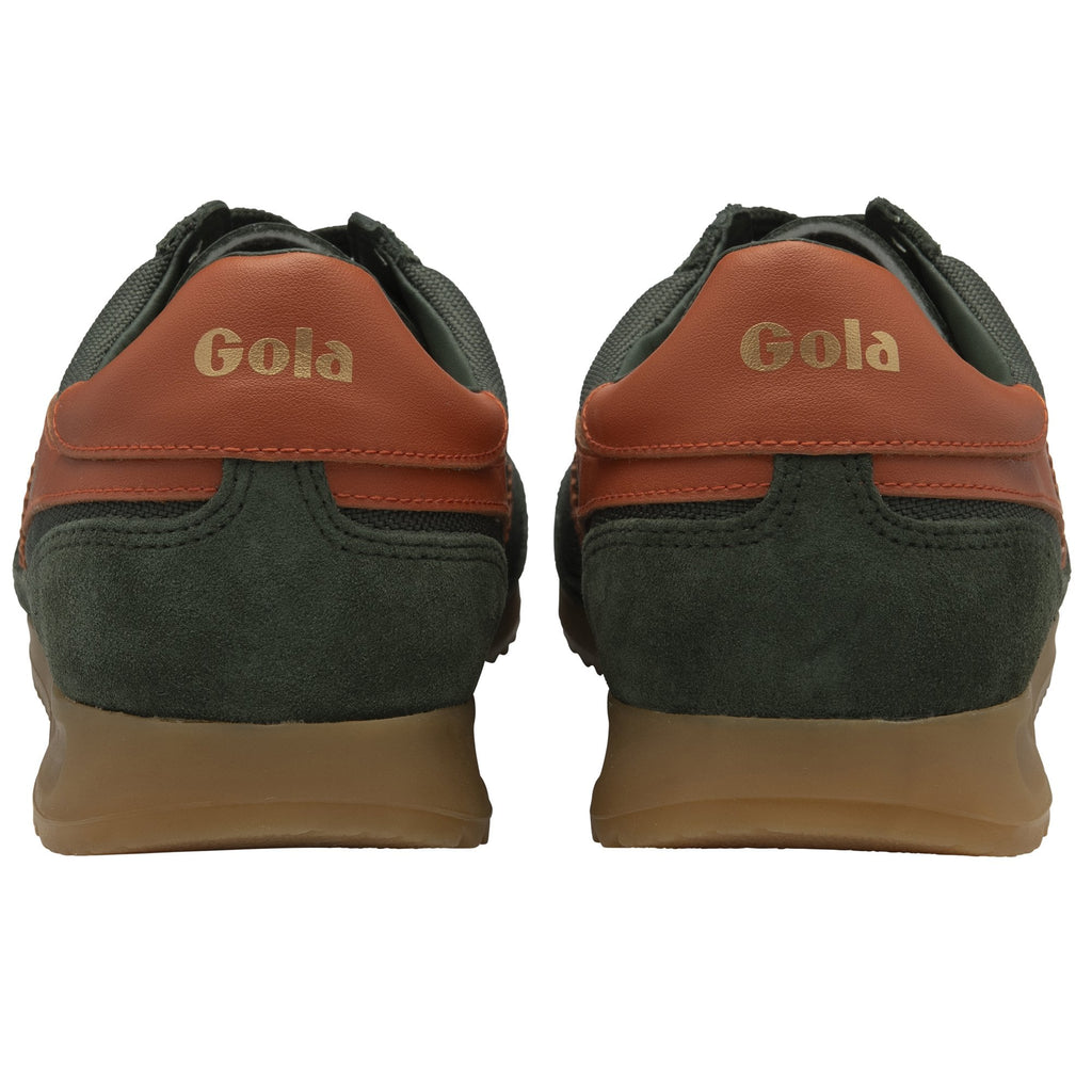 The back of a pair of Gola men's Harrier trainers in dark green with brown heels, on a white background.