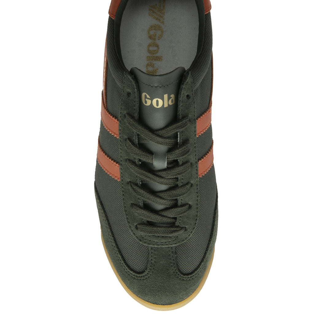 Top down view of a single Gola men's Harrier trainer in dark green with brown stripes, on a white background.