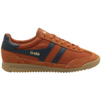 Right side view of the Gola Elan sneakers in burnt orange with dark blue stripes.