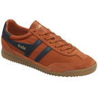 Right side angle of the Gola Elan sneakers in burnt orange with dark blue stripes.