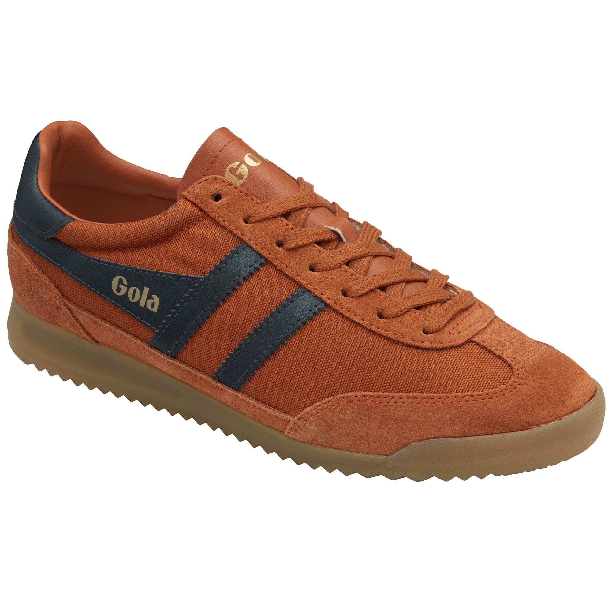 Right side angle of the Gola Elan sneakers in burnt orange with dark blue stripes.