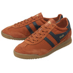 Pair of Gola Elan sneakers in burnt orange with dark blue stripes, front-right angle.