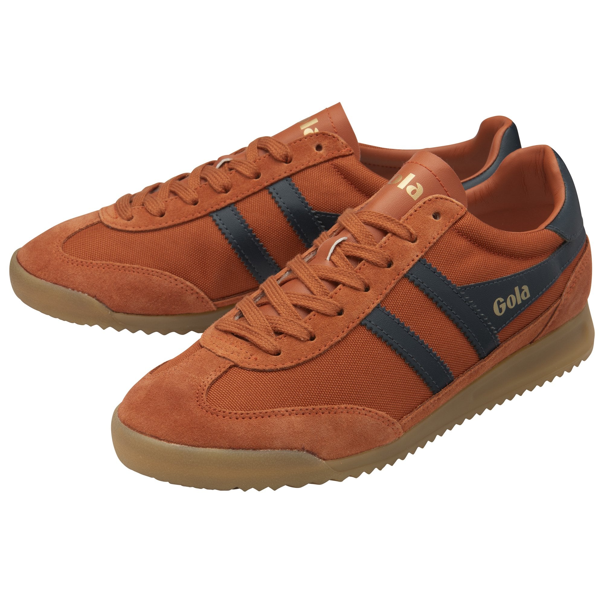 Pair of Gola Elan sneakers in burnt orange with dark blue stripes, front-right angle.
