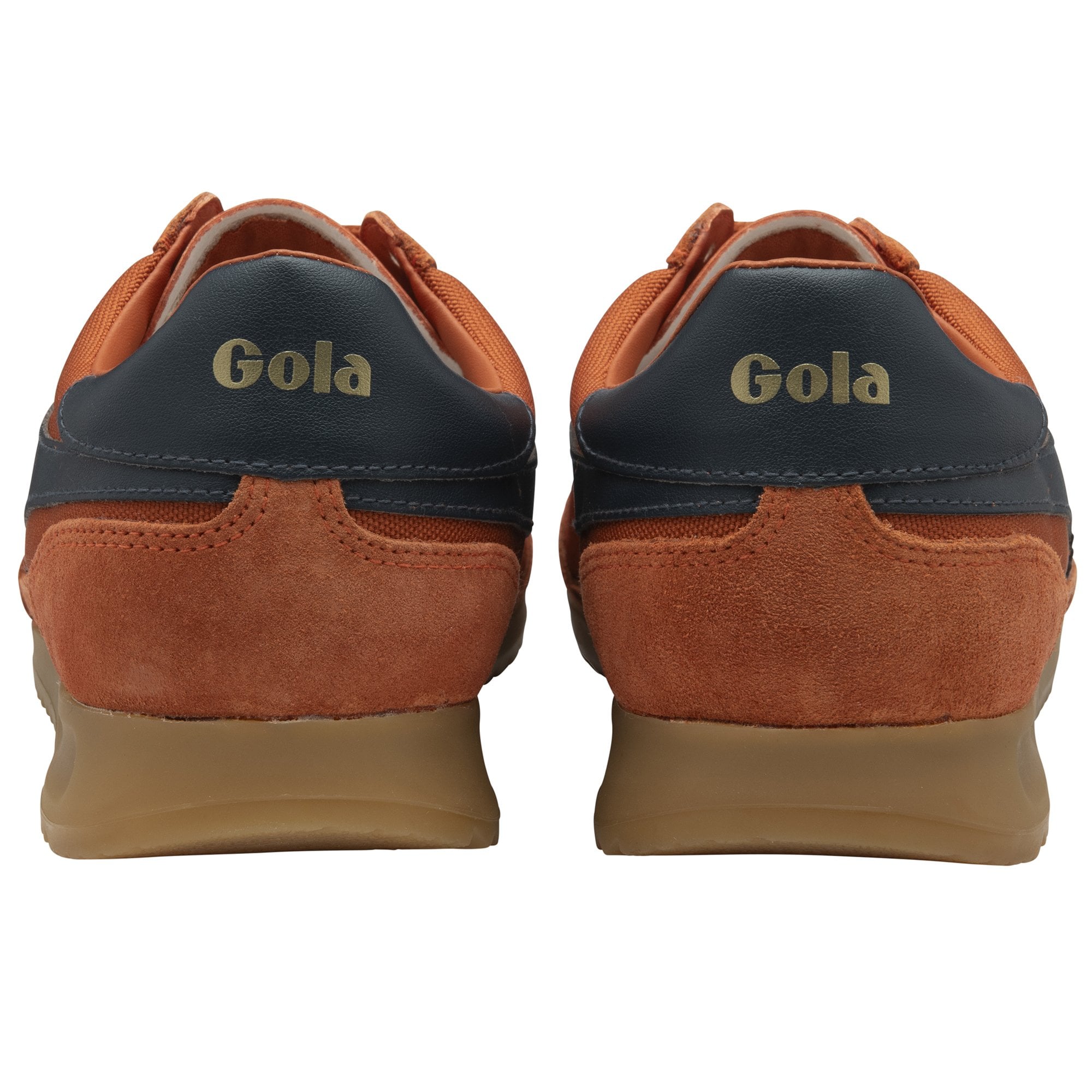 Back view of a pair of Gola Elan sneakers in burnt orange with dark blue accents.