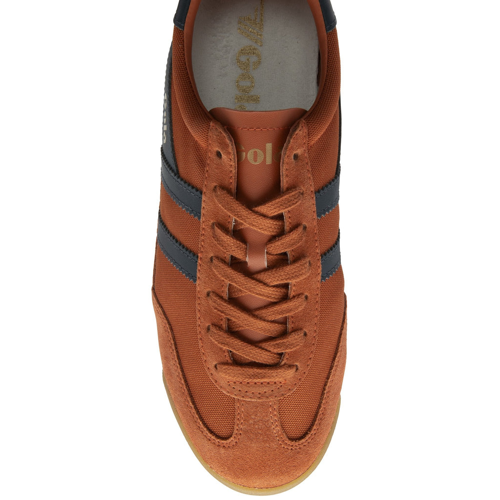Top-down view of a single Gola Elan sneaker in burnt orange with dark blue stripes.