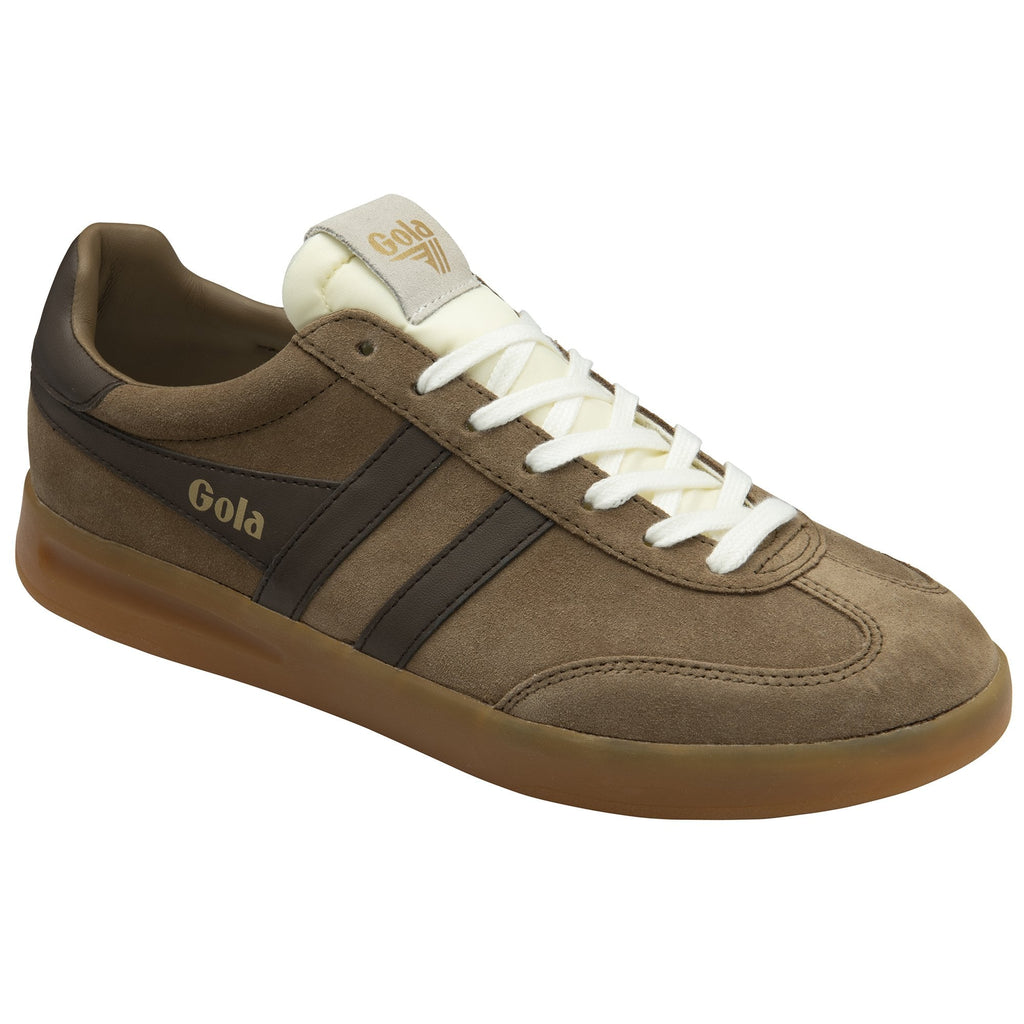 Brown Gola sneakers with dark stripes and white laces on a white background.