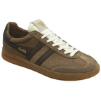 Brown Gola sneakers with dark stripes and white laces on a white background.