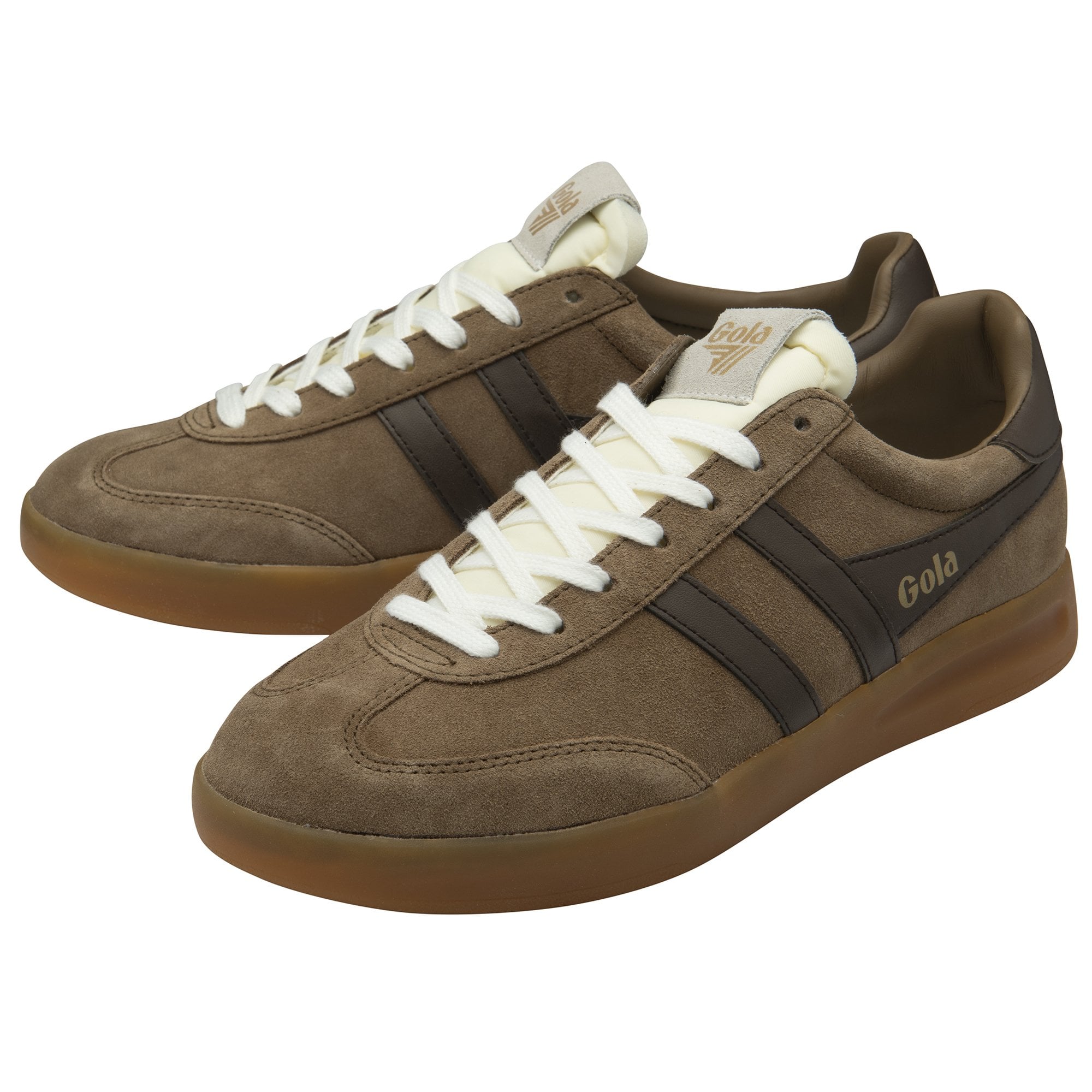 Pair of brown suede Gola sneakers with dark brown stripes and white laces.