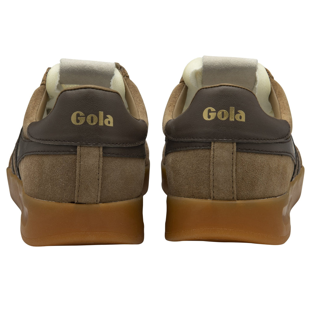Back view of two brown Gola sneakers with tan soles and gold lettering.