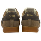Back view of two brown Gola sneakers with tan soles and gold lettering.