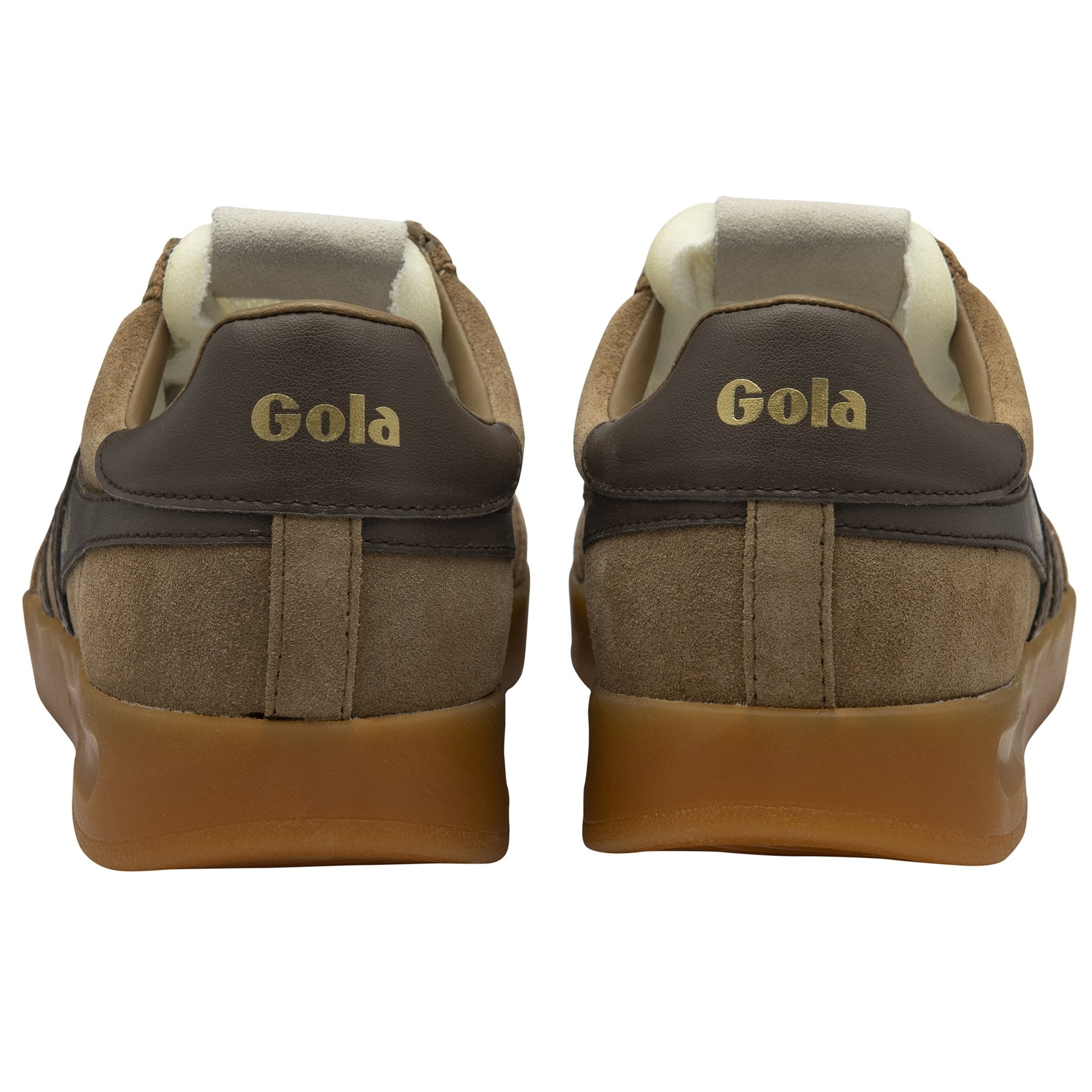 Back view of two brown Gola sneakers with tan soles and gold lettering.