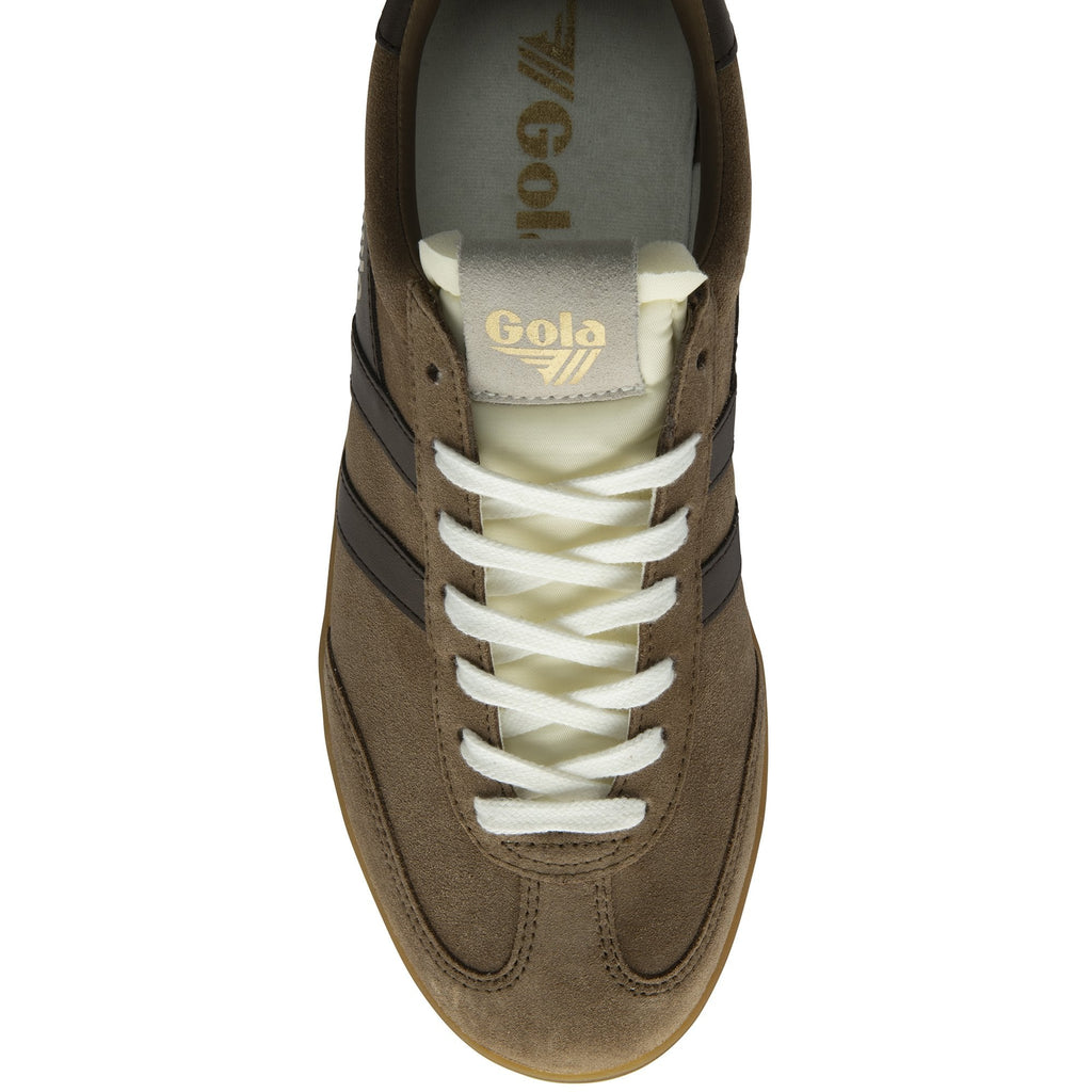 Top-down view of a brown Gola sneaker with white laces and dark brown stripes.