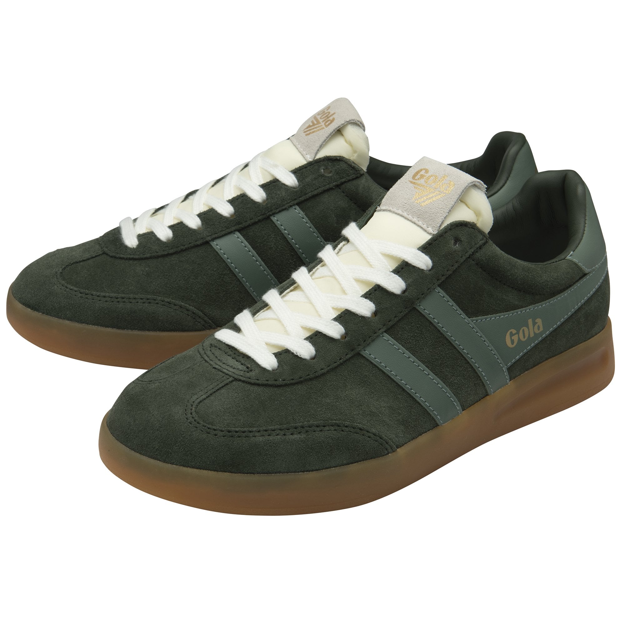 Pair of Gola men's Trainers in dark green suede with green stripes and gum soles.