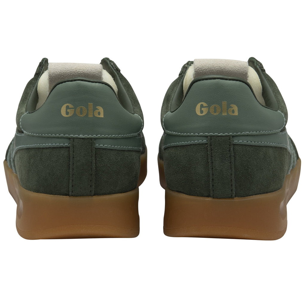 Rear view of two Gola men's Trainers in dark green suede with Gola logo on the heel.