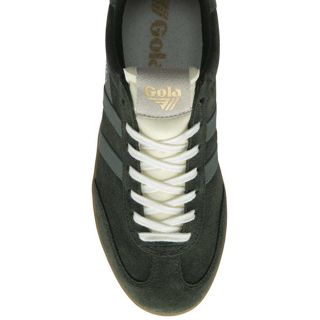 Top down view of a Gola men's Trainer in dark green suede with white laces and gum sole.