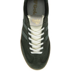 Top down view of a Gola men's Trainer in dark green suede with white laces and gum sole.