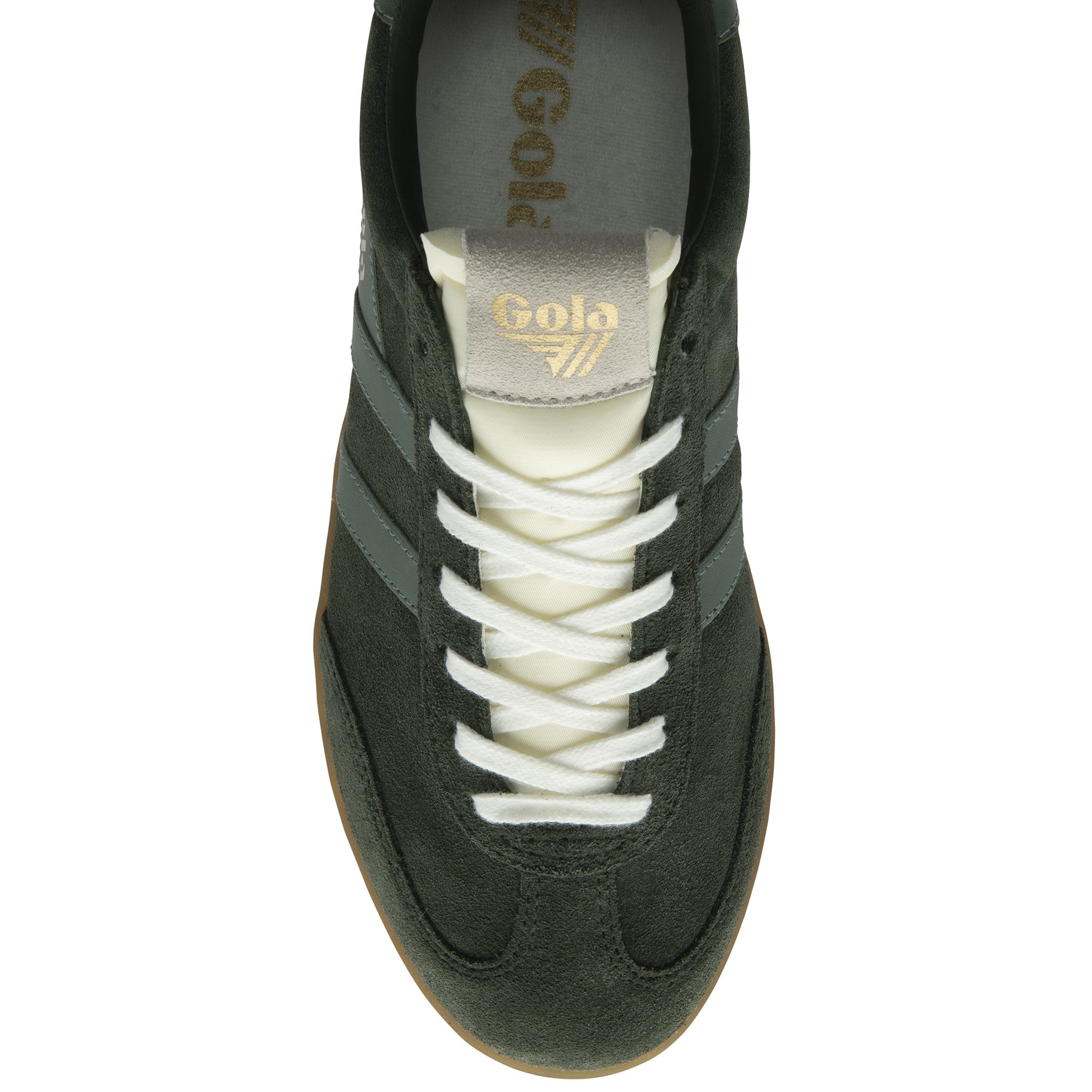 Top down view of a Gola men's Trainer in dark green suede with white laces and gum sole.