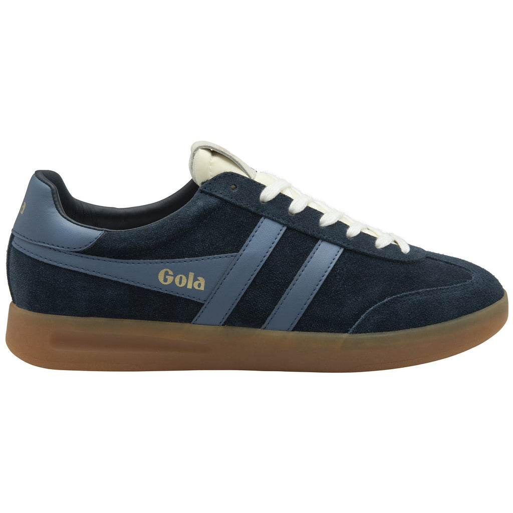 Side profile of a navy Gola sneaker with light blue stripes and a tan sole.