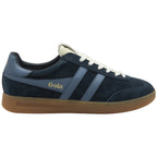 Side profile of a navy Gola sneaker with light blue stripes and a tan sole.