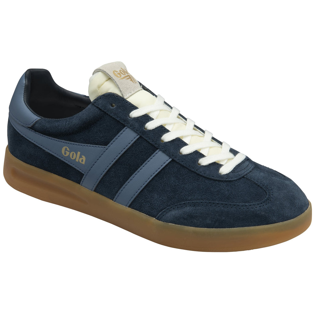 Angled view of a navy Gola sneaker with light blue stripes and a tan sole.