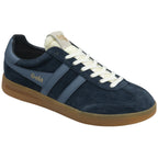 Angled view of a navy Gola sneaker with light blue stripes and a tan sole.