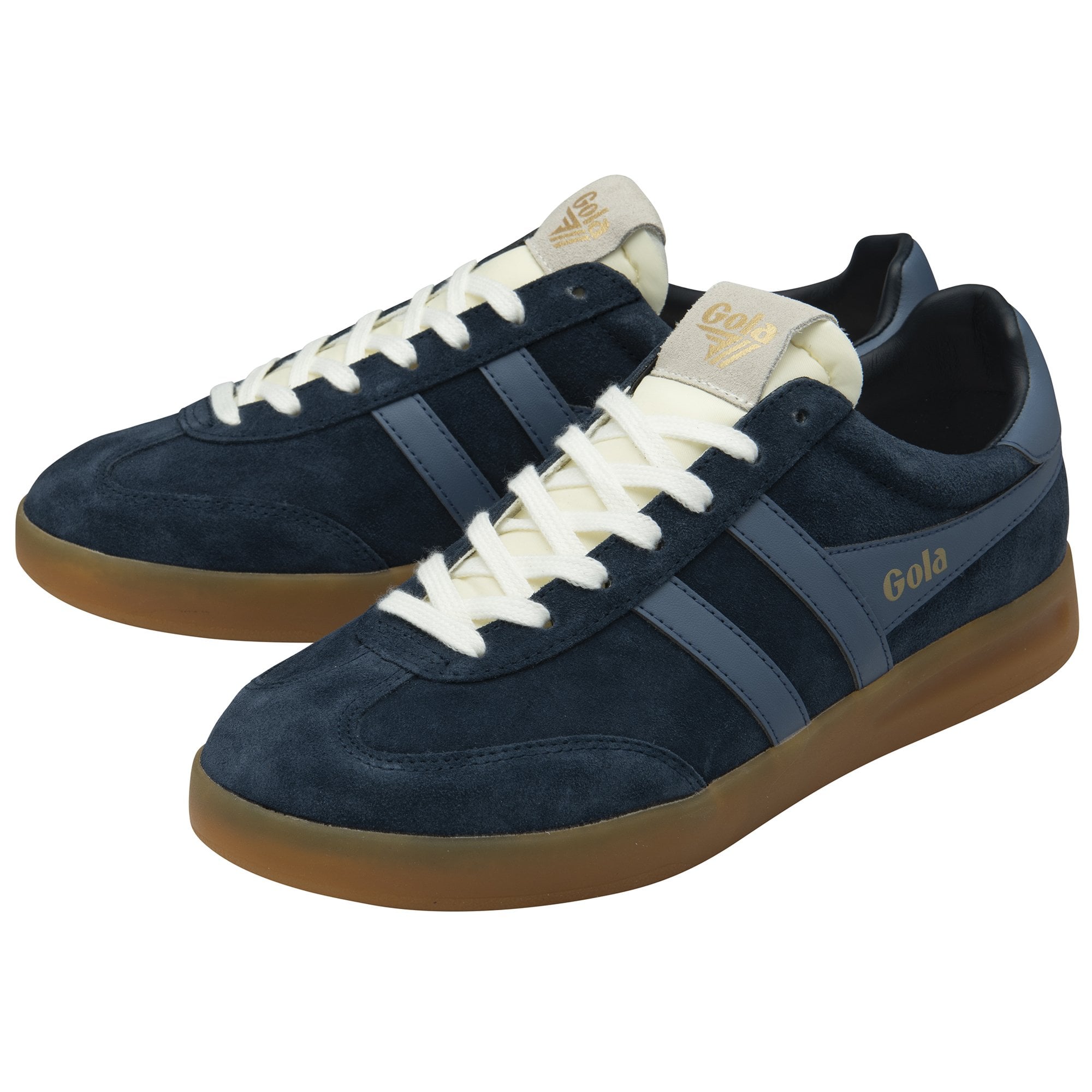 Pair of navy Gola sneakers with light blue stripes and tan soles.