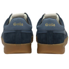 Rear view of two navy Gola sneakers with 'Gola' in gold lettering on the back.