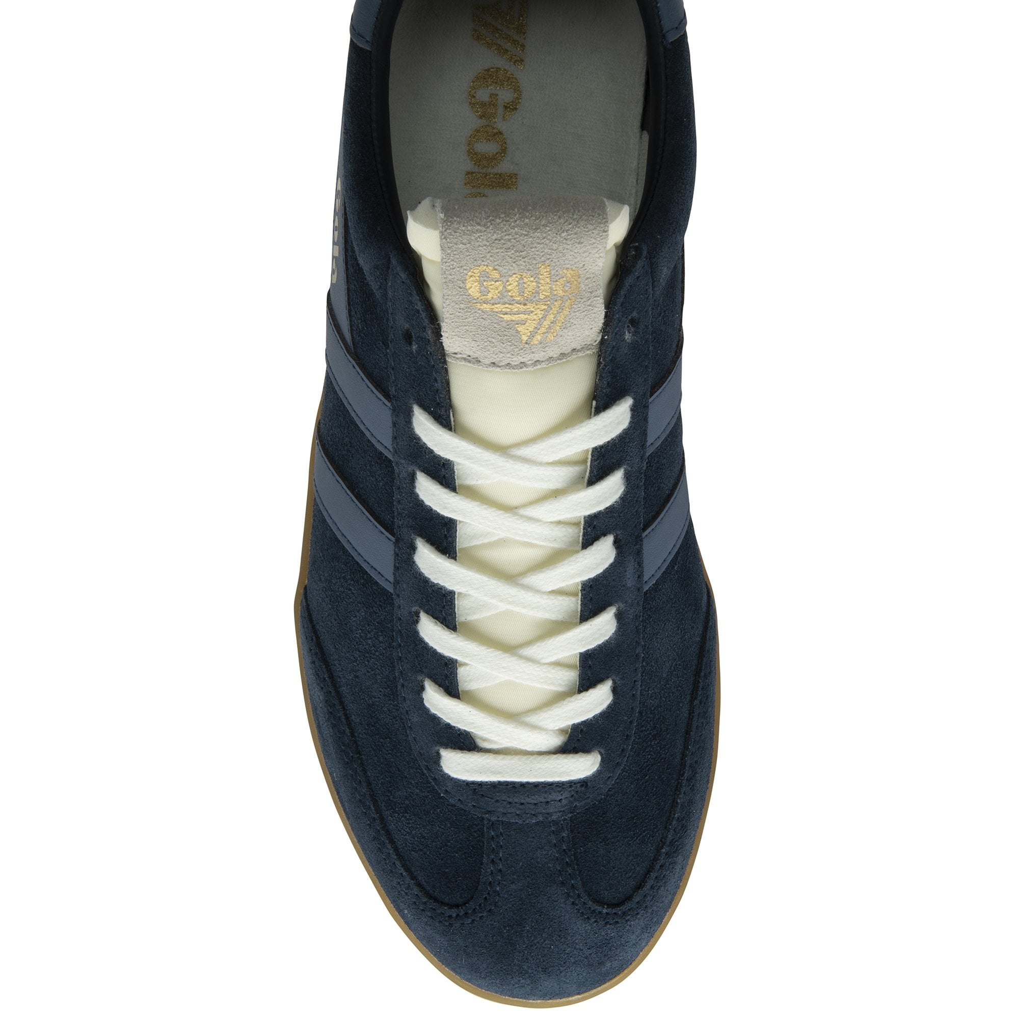 Top-down view of a navy Gola sneaker with light blue stripes and white laces.