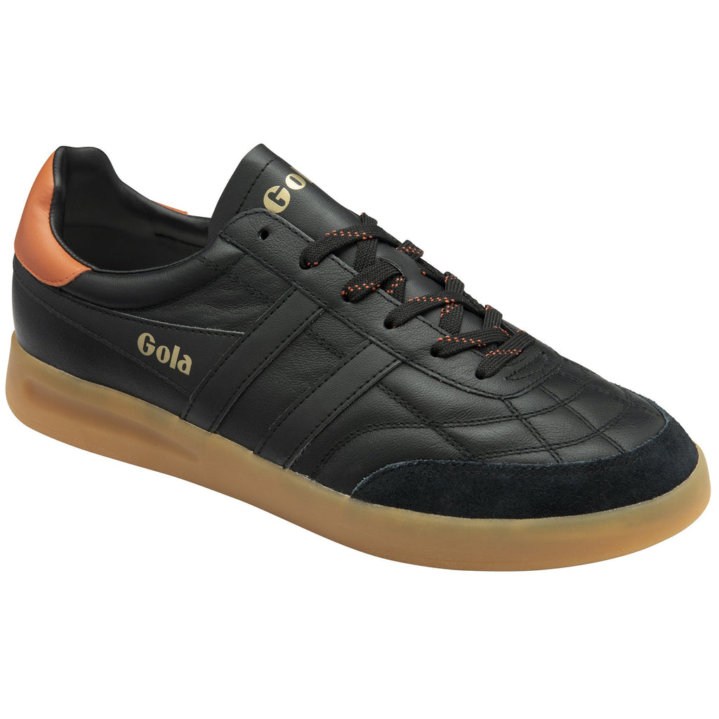 A Gola men's sneaker in black with a brown heel tab and sole, shown from a slightly different angle.