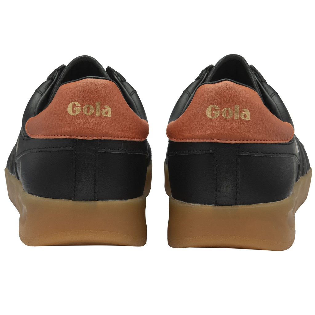 The back view of a pair of Gola men's black and brown sneakers, showing the heel tabs.