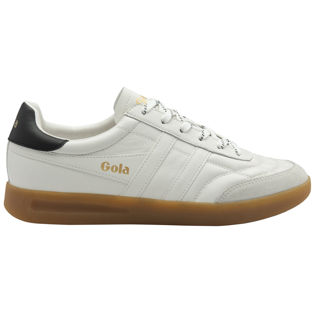 Side profile of a white Gola sneaker with a black heel and gum sole.