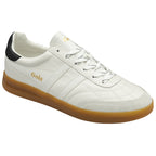 Angled view of a white Gola sneaker with a black heel and gum sole.