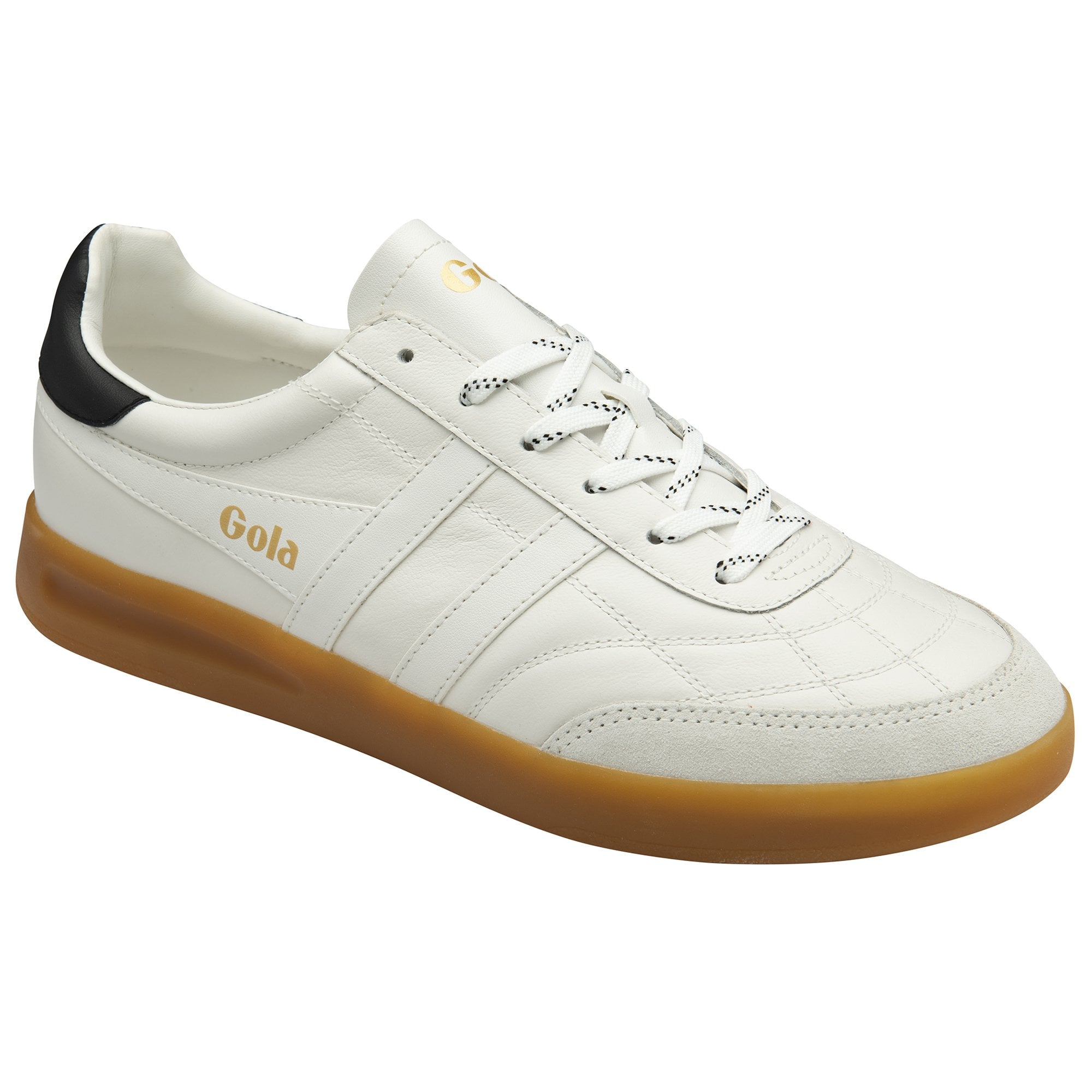 Angled view of a white Gola sneaker with a black heel and gum sole.